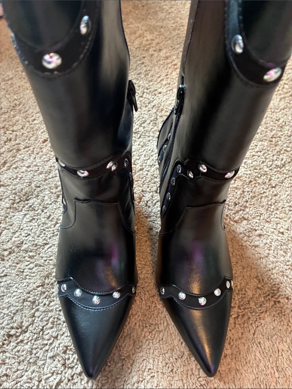 Black Studded Pointed Ankle Booties - Women's